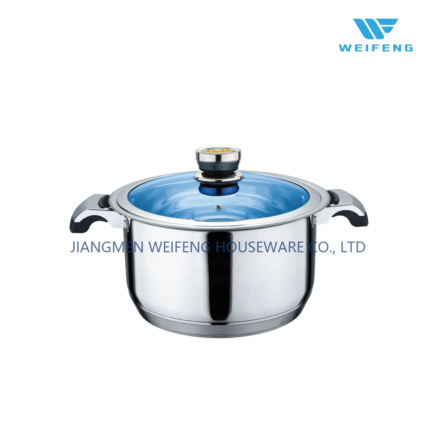 Wide Edge Stainless Steel Cookware Set with T Shape Blue Glass Lid