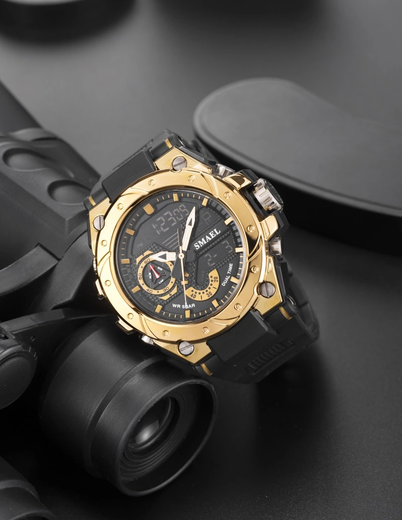 Los hombres de color oro Relojes de Pulsera Dual Time analógico de cuarzo Reloj LED impermeable reloj deportivo Digital