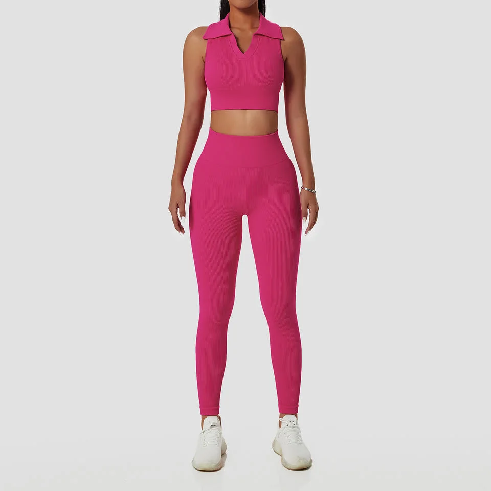 New Arrival Workout Sets Seamless Turn Down Collar Tank Top and Legging Suit High Impact Sportswear Gym