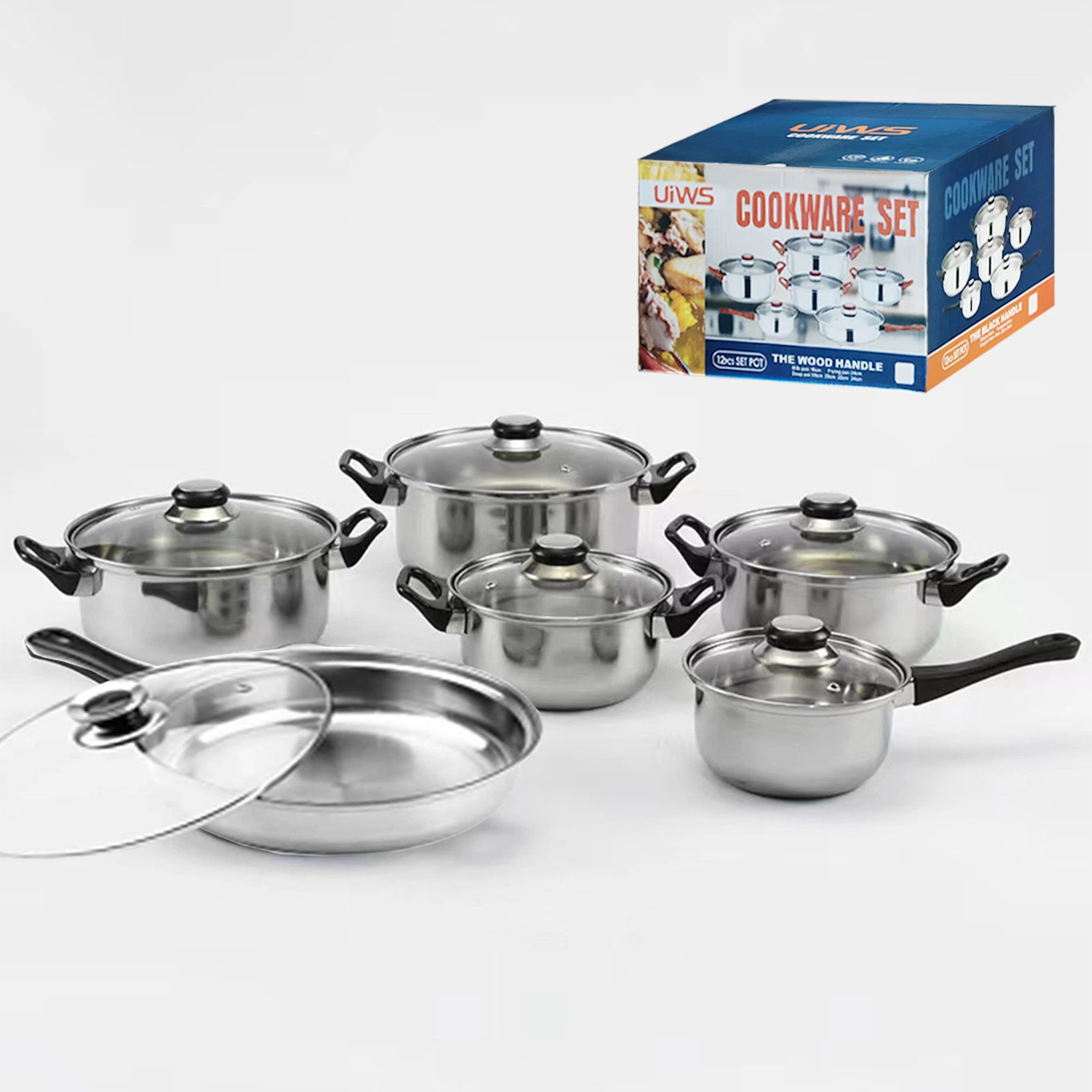 "Cross-Border Stainless Steel Pots, Pans, Soup Pot, Frying Pan, and Kettle Cookware Set - 12 Pieces"