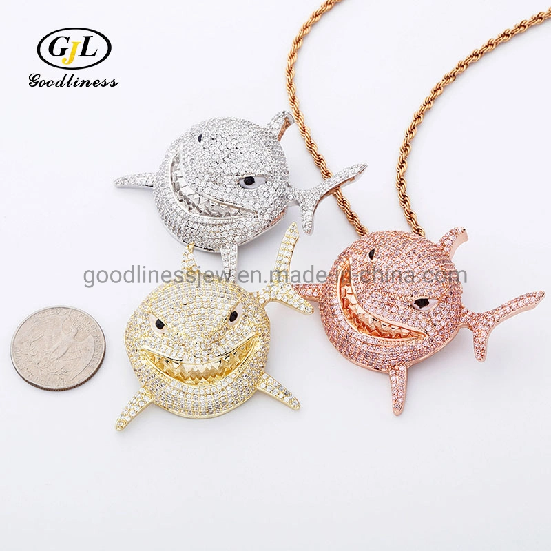 Nuevo Iced out Bling lleno de tiburones de zirconio cúbico moda colgante Collar Diseñador Estrella de Hip Hop Joyería