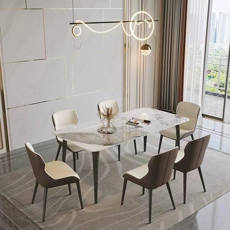 2023 New Rectangular Marble Top and Metal Leg Cheap Dining Furniture Restaurant Modern 6 Chairs Dining Table Set
