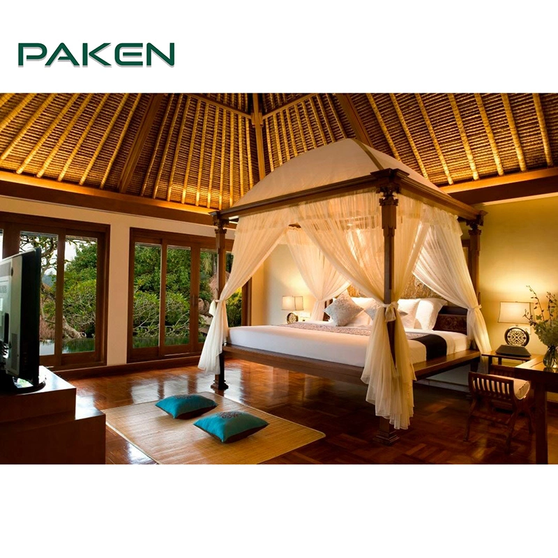 مجموعة غرف نزلاء خشبية فاخرة لفيلا شاطئية فاخرة مع سرير غرفة نوم للضيوف في فندق مخصص بخمس نجوم.