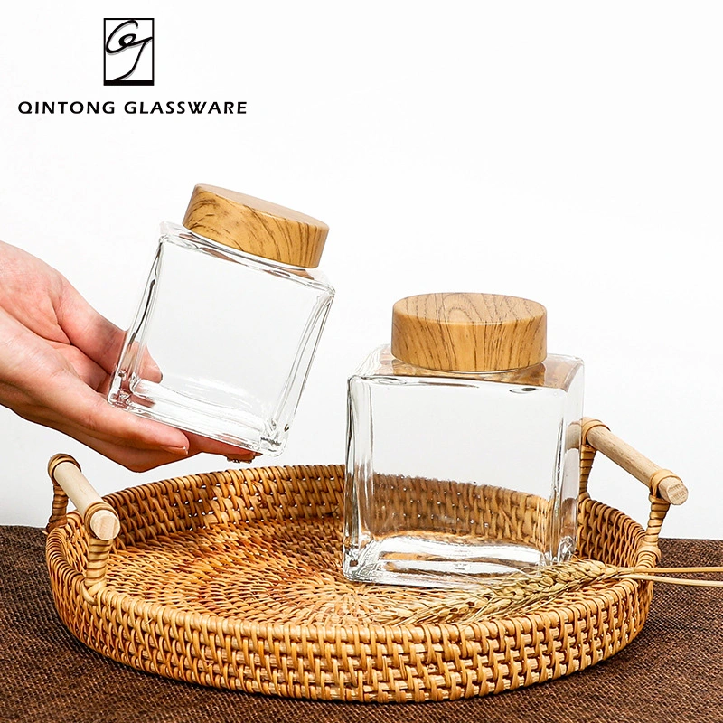 Hot Sell 380ml 500ml 13oz 17oz Unique Square Glass Honey Jar Glass Packaging Honey Bottle with Wooden Lid
