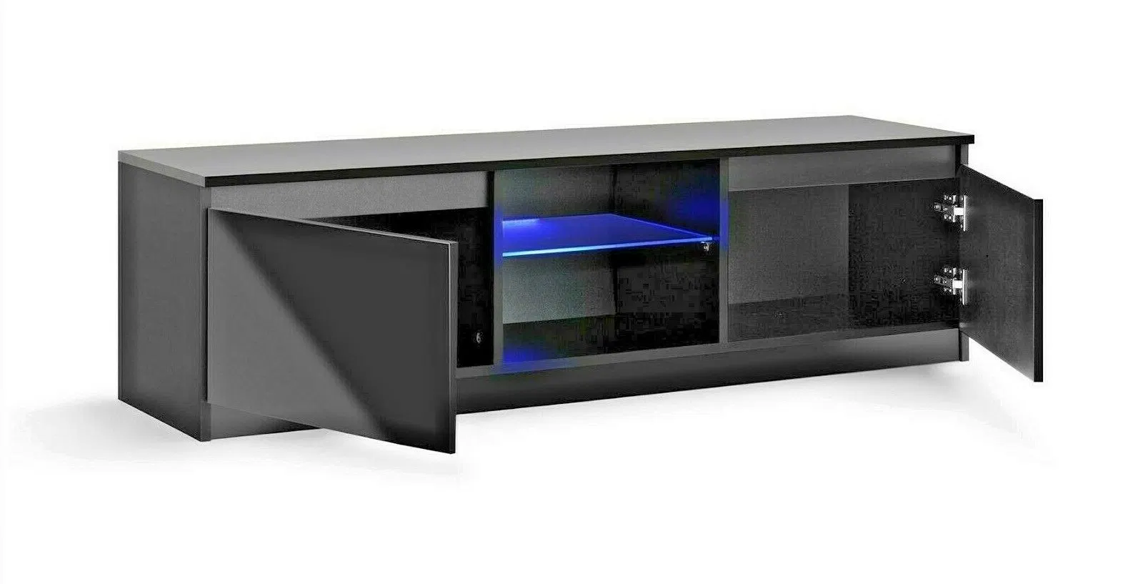 China Wholesale Living Room Furniture Black Wood LED TV Unit Wooden MDF TV Stand Cabinet for Home Hotel Apartment with Glass Shelf