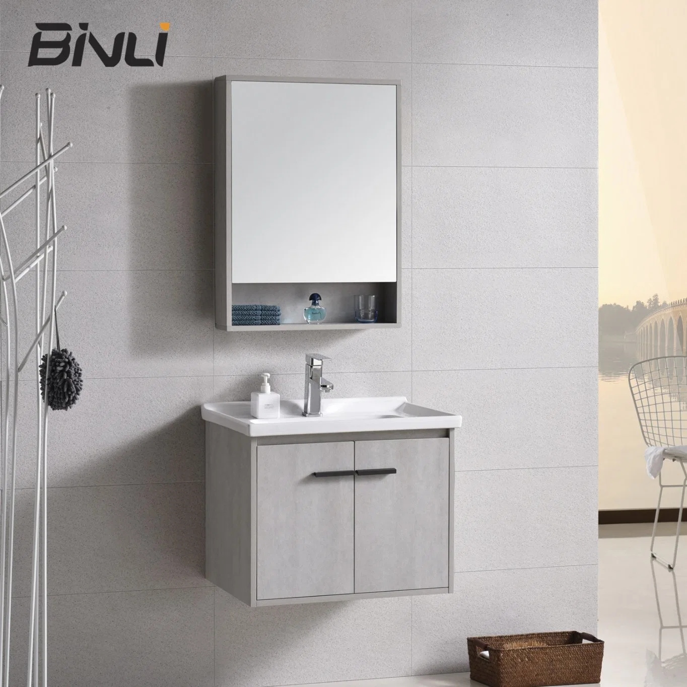 Chaozhou Binli Supplier Modern Cement Grey Melamine Waterproof Finish Bathroom Cabinet Bathroom Vanity Set