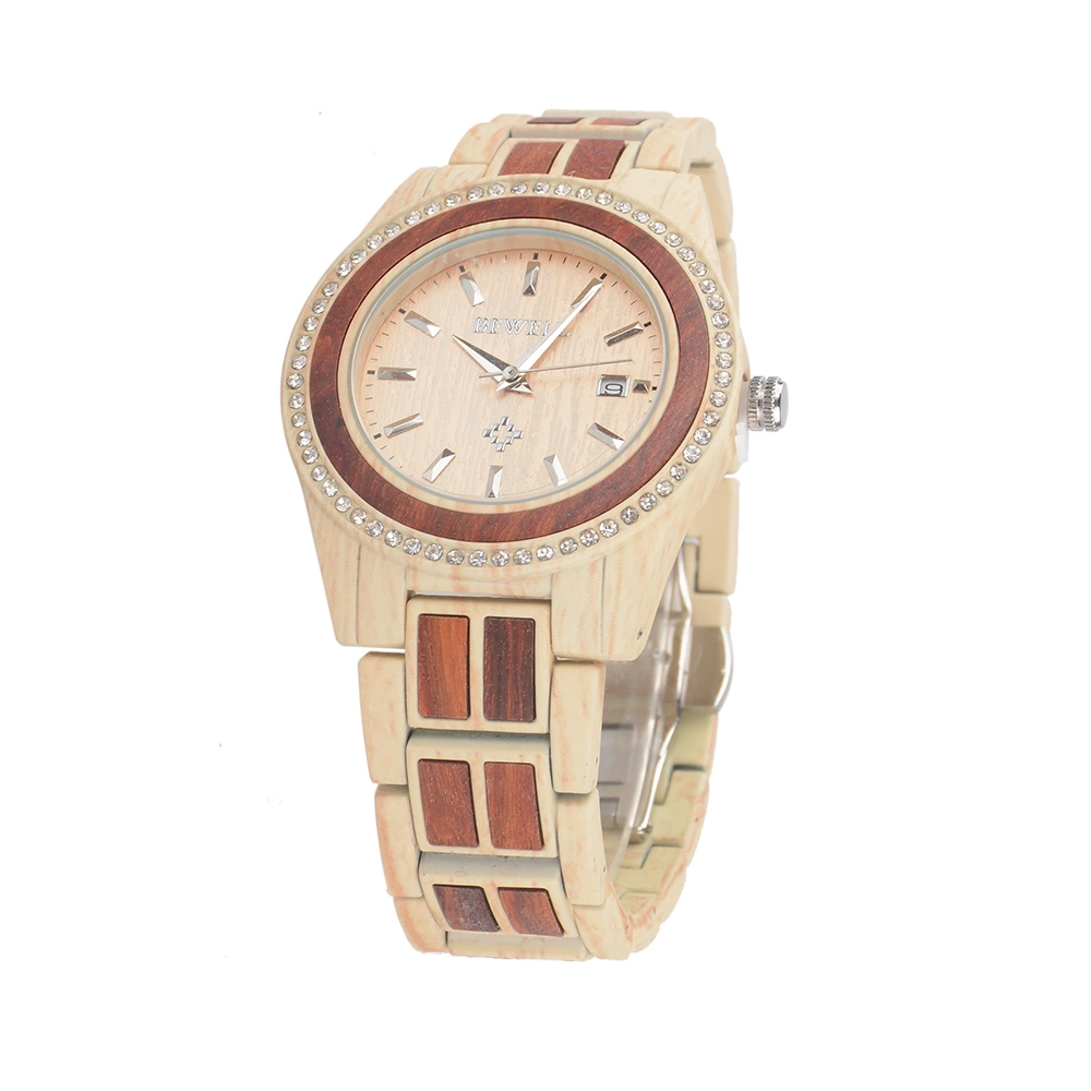 on Sales Bewell Watch Men Stainless Steel with Diamonds Wooden Case & Band Metal with Red Sandalwood Watch Quartz Wrist Watch