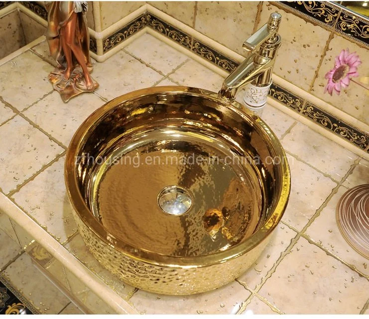 Gold Color Hand Painted Ceramic Wash Basin Bathroom Sink Bathroom Copper Sink