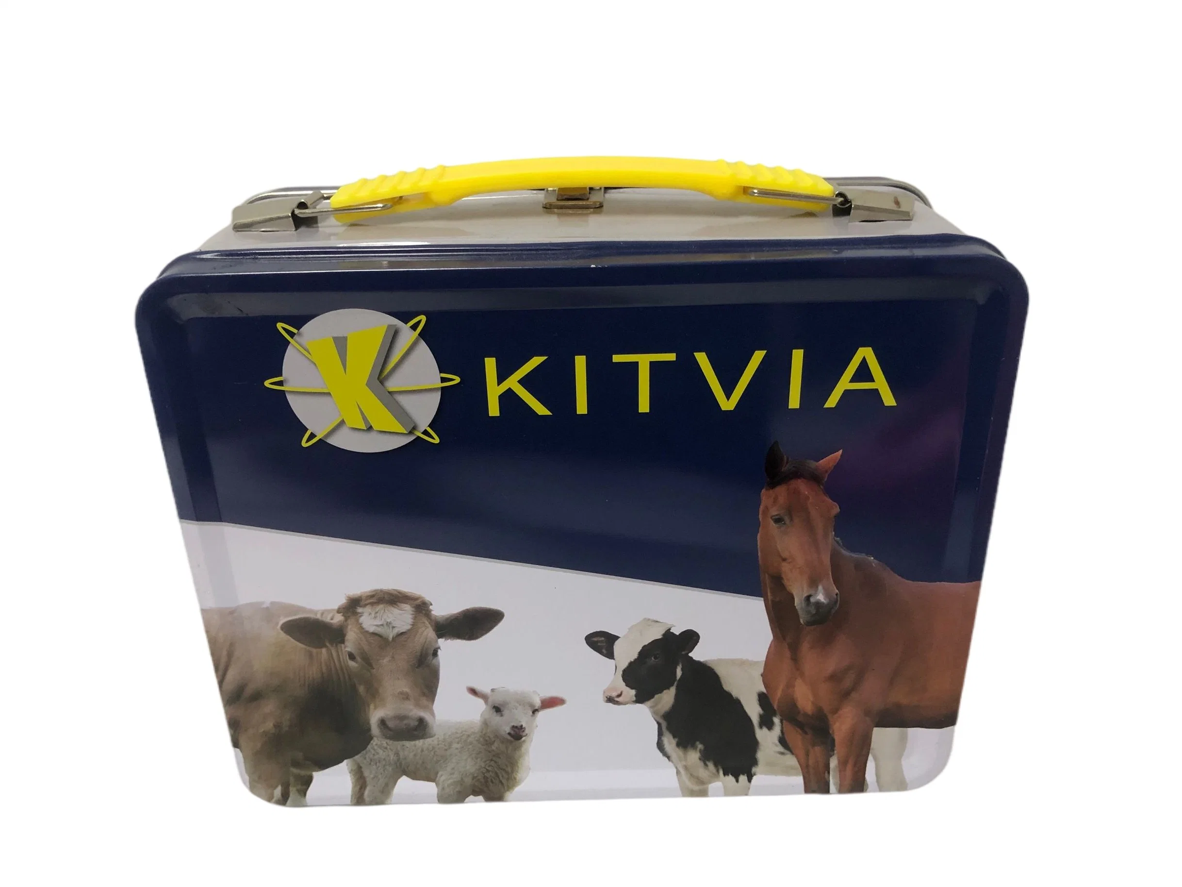 Caixa de entrada tipo mala de forma rectangular de alta qualidade com pega personalizada Caixa de almoço metálica para cão Cat Embalagem de alimentos Tin