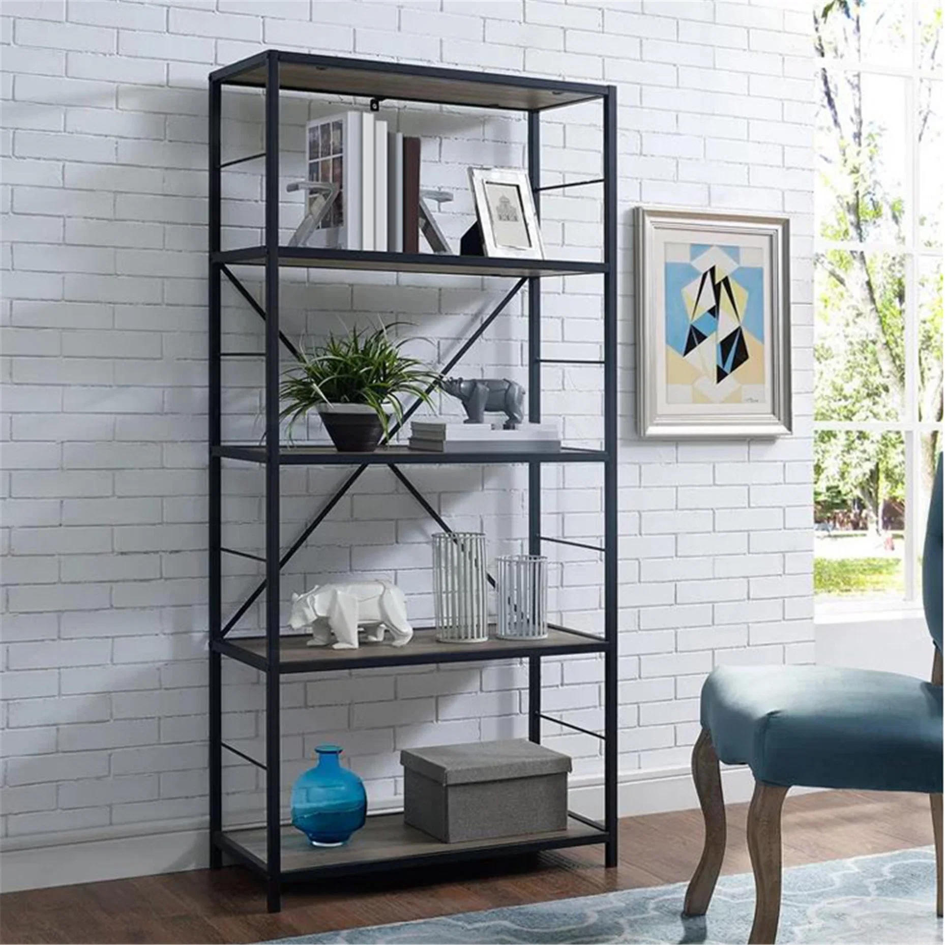 Natural Stained Acacia Wood Bookshelf with Rustic Metal Finished Iron Etagere Accents