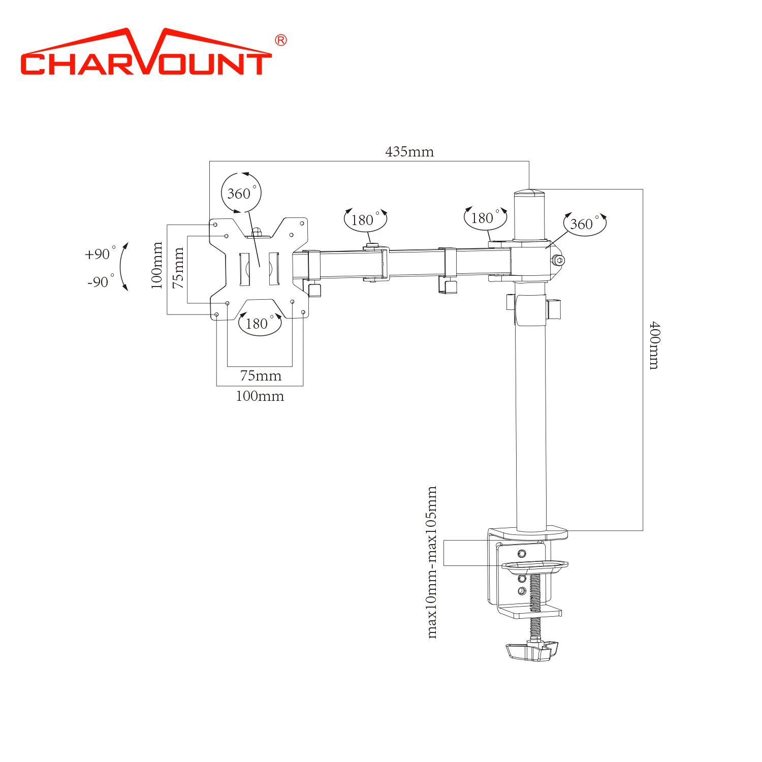 Support de montage de bureau réglable pour écran d'ordinateur LCD à bras unique, compatible avec les tailles de téléviseur de 10'' à 27''.