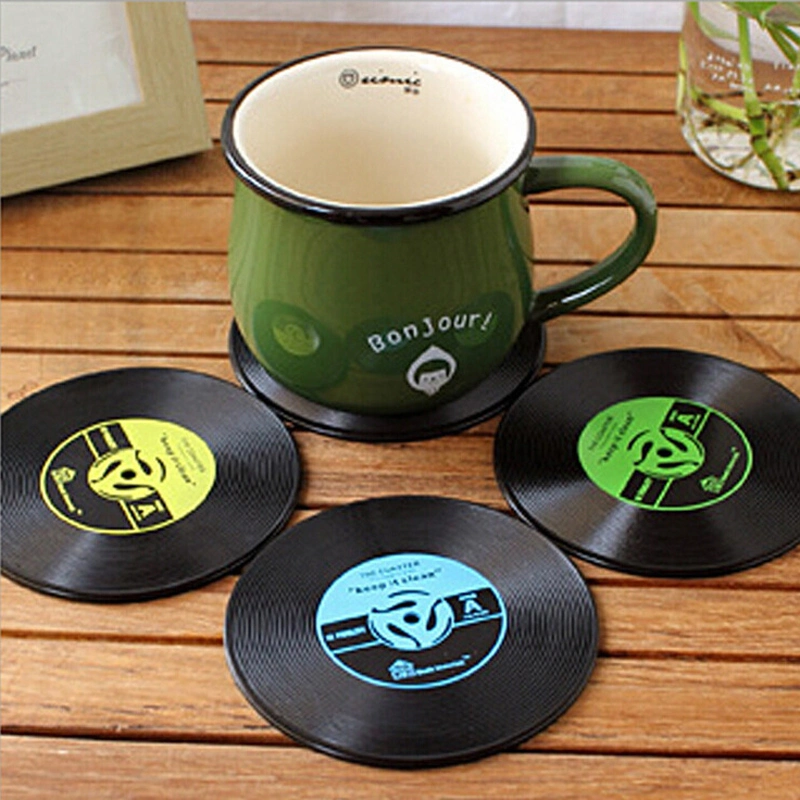 Retro Record Placemat PVC Black Cup Mats Anti-Skid Pads Vinyl Coasters for Drink