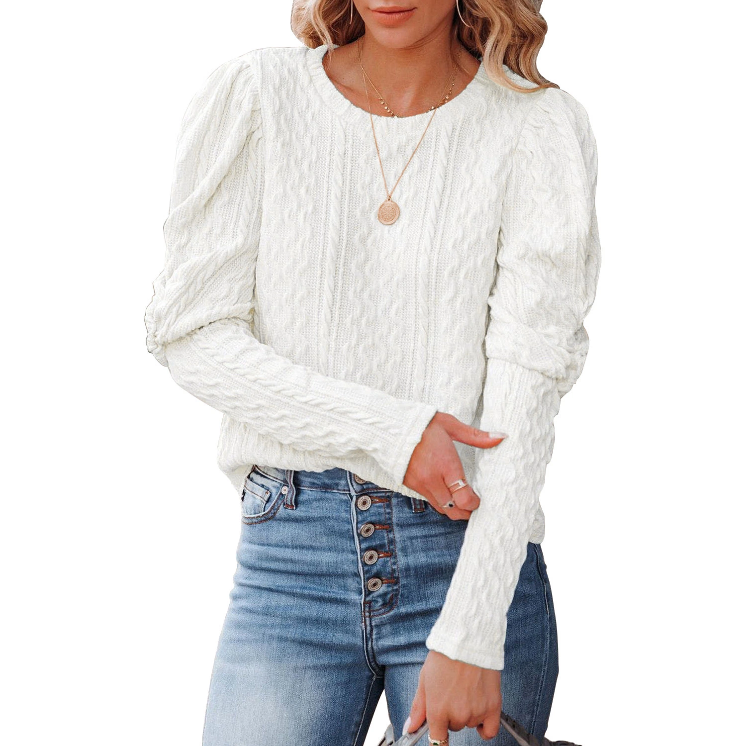 Custom Autumn Ladies Sweater Fashion Solid Color Jacquard Round Neck Lamb Leg Sleeve Knitted Round Neck Pullover Sweater