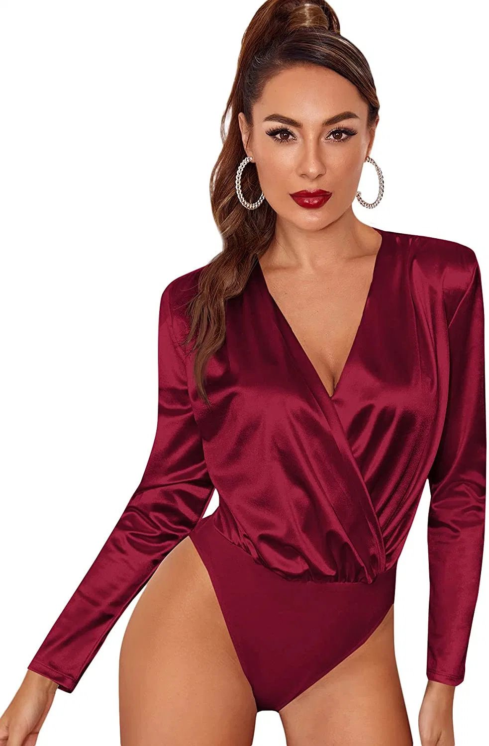 Women&prime; S Satin Long Sleeve Wrap V Neck Bodysuit Jumpsuit Swimming Wear