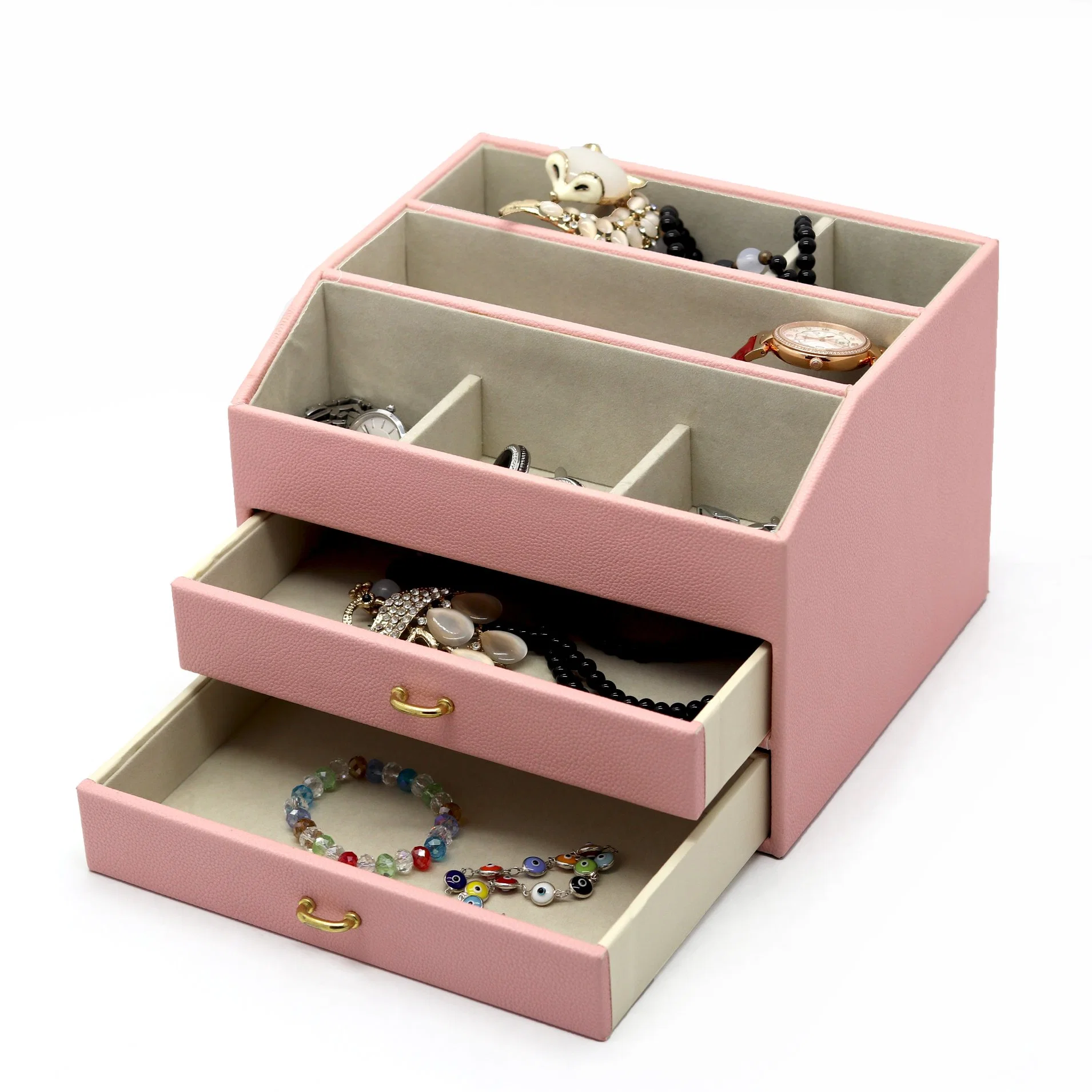 MDF hecho a mano con PU rosa Caja de regalo de embalaje de joyas de cuero Organizador de escritorio