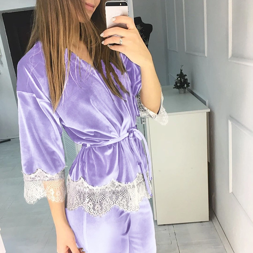 Les femmes du printemps et automne Fashion Couture dentelle Pyjama Ensemble 2 pièces Purple Lounge de l'usure