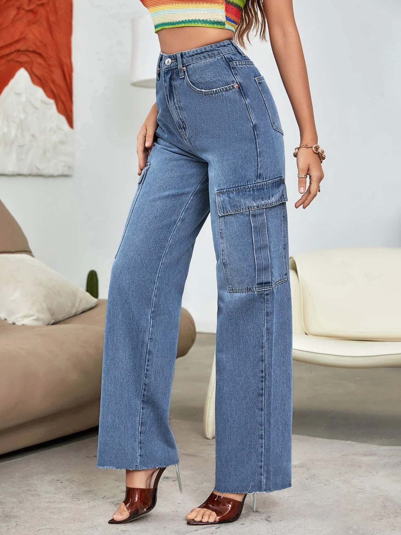 New Fashion Brand Jeans Design High-Waisted Side Flip Pocket Frayed Edge Straight Leg Jeans