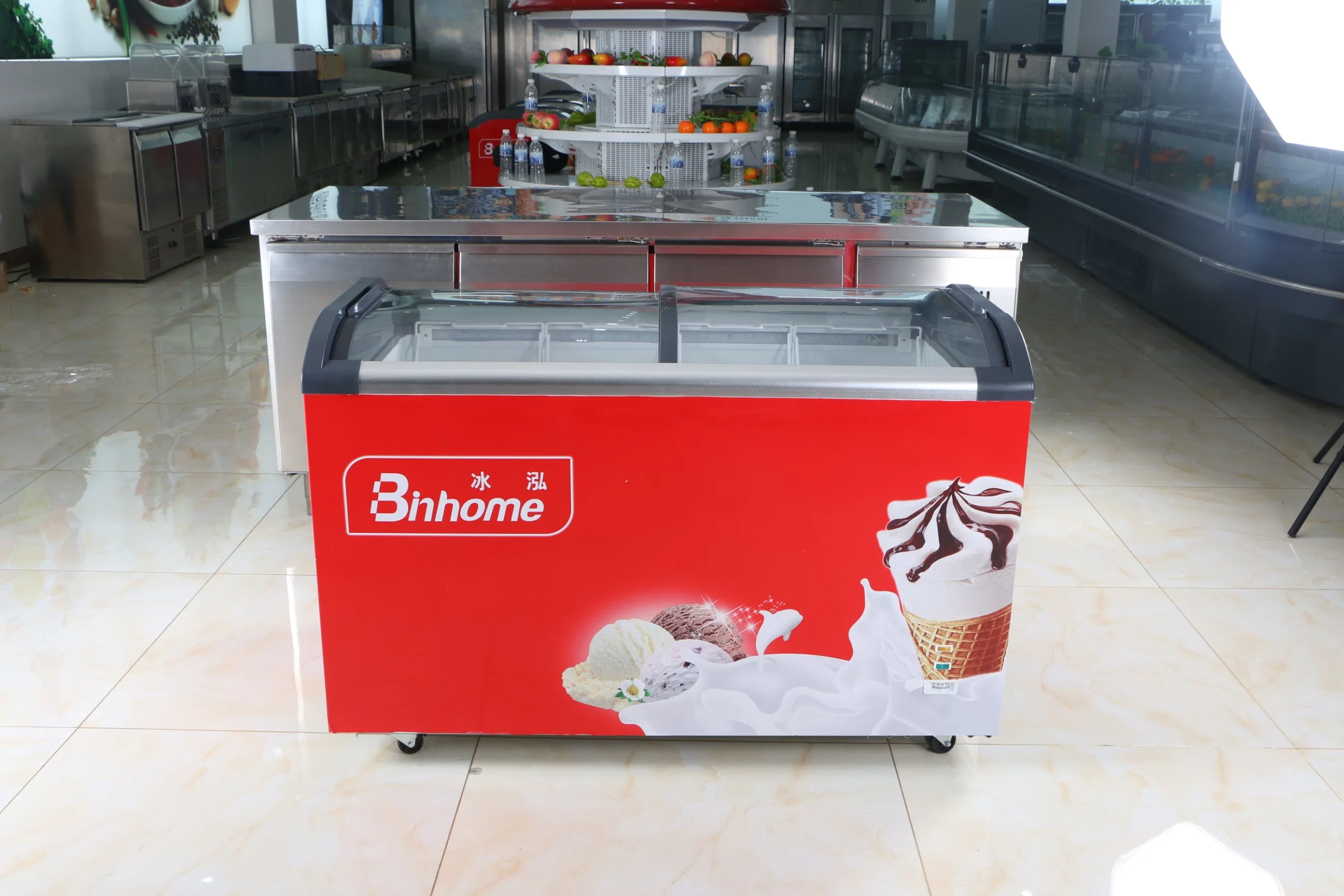 Commercial Supermarket Fridge Ice Cream Sliding Curved Glass Door Displayer/ Chest Freezer