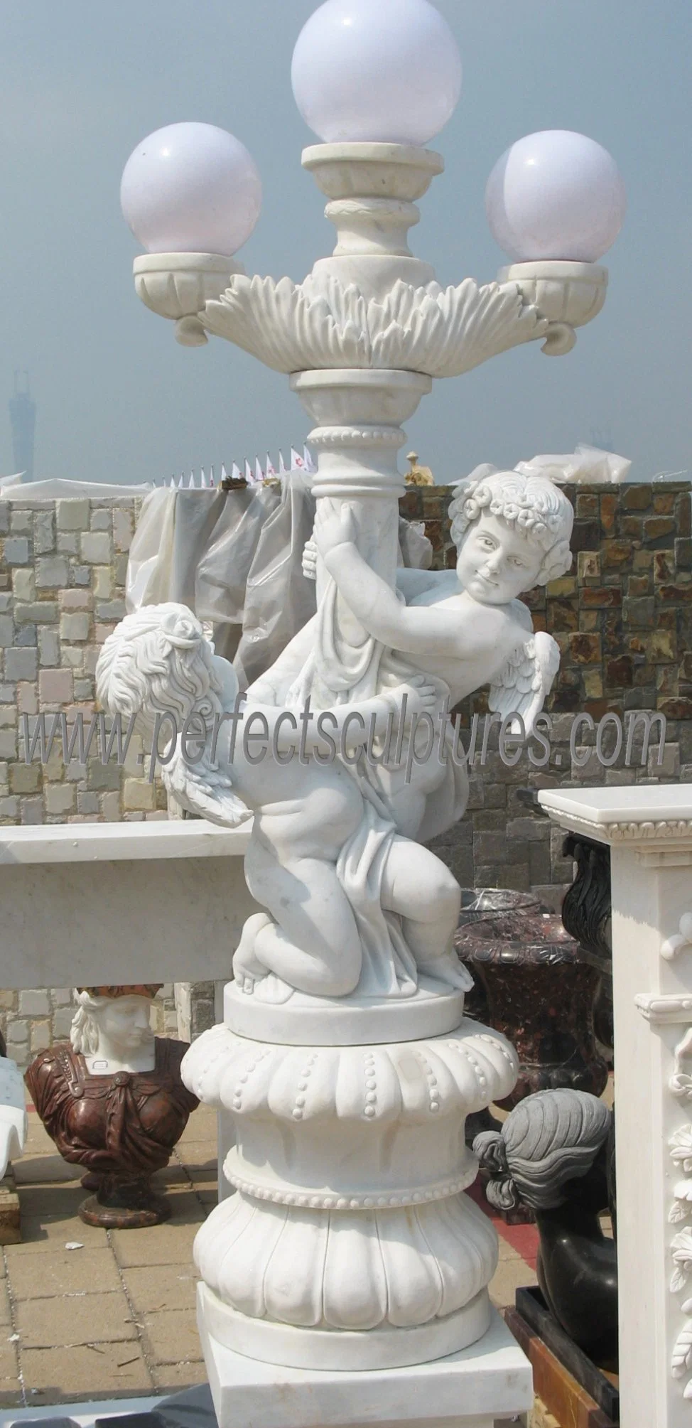 Life Size Garden Stone Children Statue Marble Kids Lamp Sculpture for Outdoor (SY-X0176)