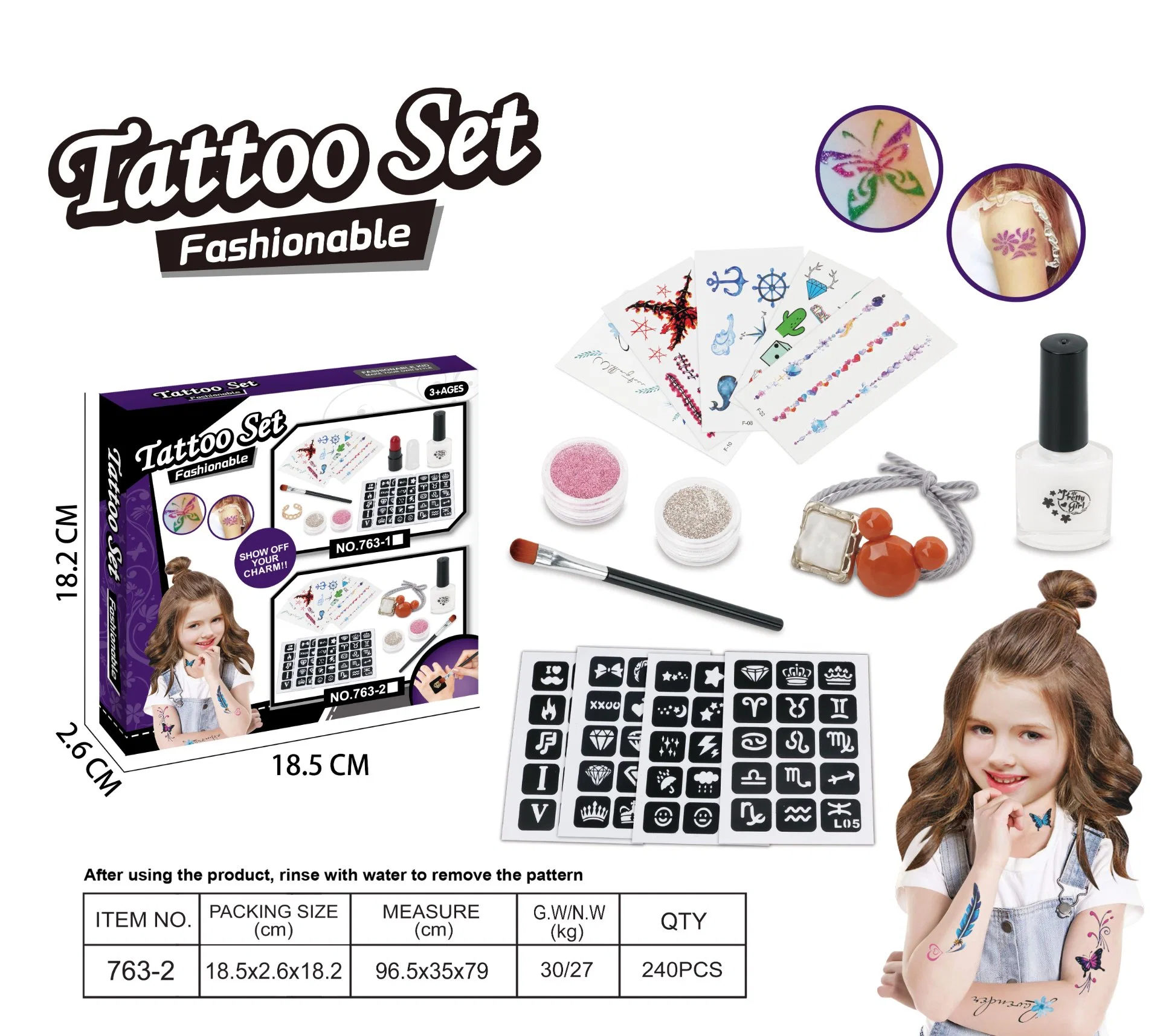 Tattoo Sticker Tattoo Mould Lipstick Ring Headband Glue Glitter Kids Cosmetic Set