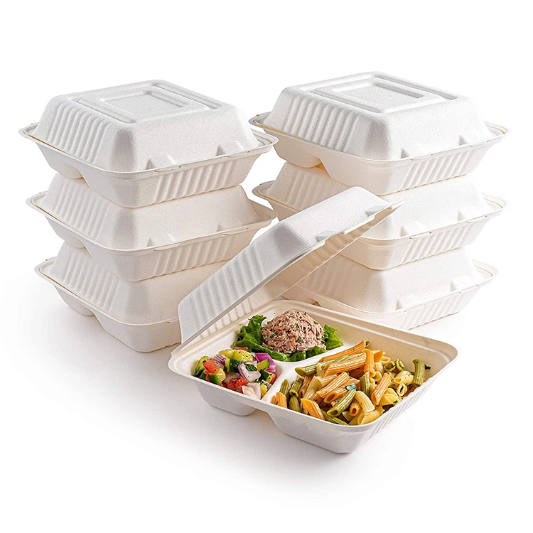 8 Inch Biodegradable Disposable 3 Compartments Clamshell Sugarcane Food Boxes Takeaway Packaging