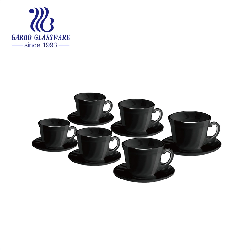 Hot Sale 6PCS Set Square Shape Black Opal Glass 220ml Tea and Coffee Drinking Set with Saucer