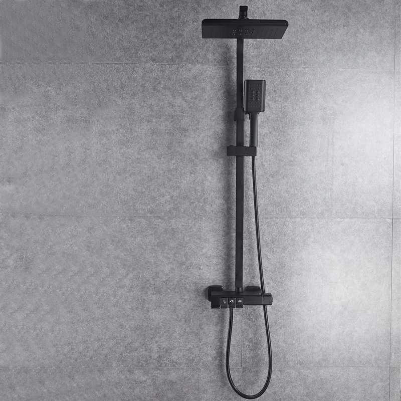 Black Brass Waterfall 8'' Head Shower Bathroom Thermostatic Bath Shower Set