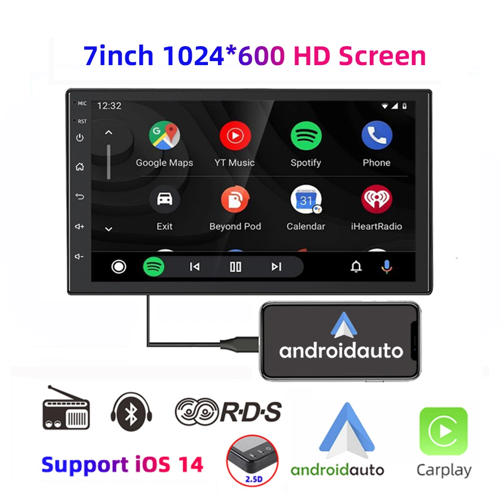 Hot Sale 7inch 1024*600 Carplay RDS Am Multimedia Capacitive Touch Screen 2 DIN Audio Stereo 2 DIN Car DVD Radio Screen