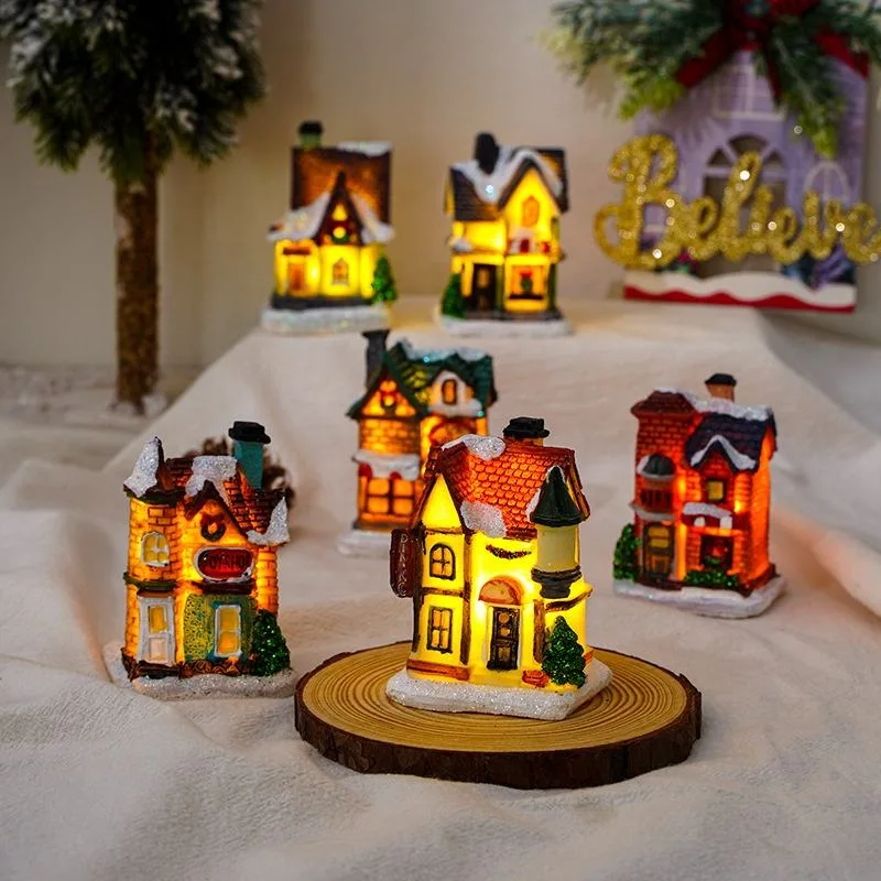 Décorations de Noël en résine en forme de maison d'intérieur, lumières de Noël alimentées par batterie, lumières de Noël décoratives pour les vacances.