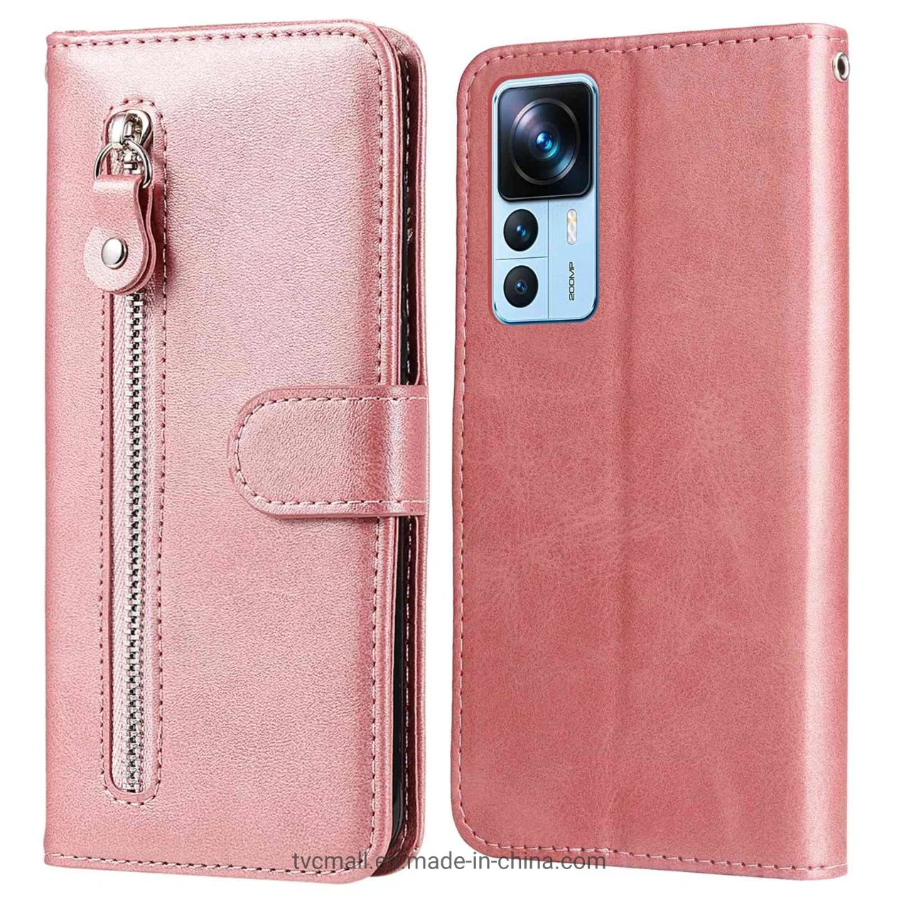 Para Xiaomi 12t 5g / Redmi Ultra K50 5g / 12t PRO 5g de textura de ternera Monedero de cremallera PU Teléfono de cuero de TPU Case - oro rosa