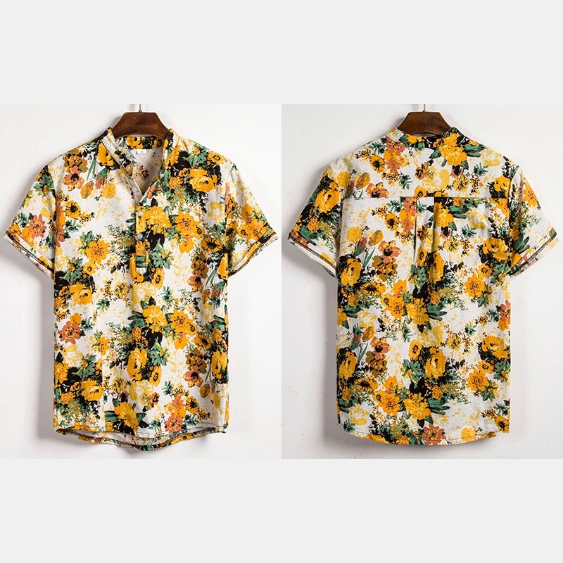 Men's Summer Short Sleeve Floral Shirts Casual Beach Stand Collar Cotton Printed Plus Size Shirts