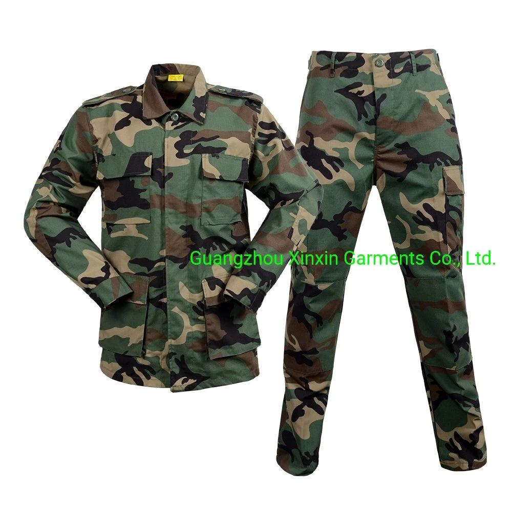 Military Style Police Style Mens Combat Tactical 65 Polyester 35 Cotton Woodland Camouflage Bdu Army Style Uniform (W2265)