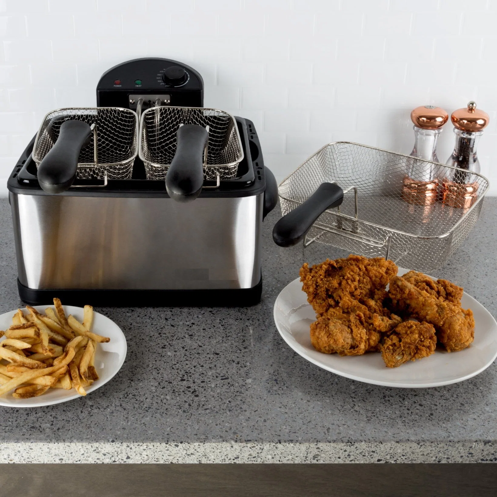 Fritadeira eléctrica profunda - 3 cestos de fry, 1 grande e 2 pequena para utilização dupla - em casa, panela de aço inoxidável quente da cozinha clássica (4 litros)