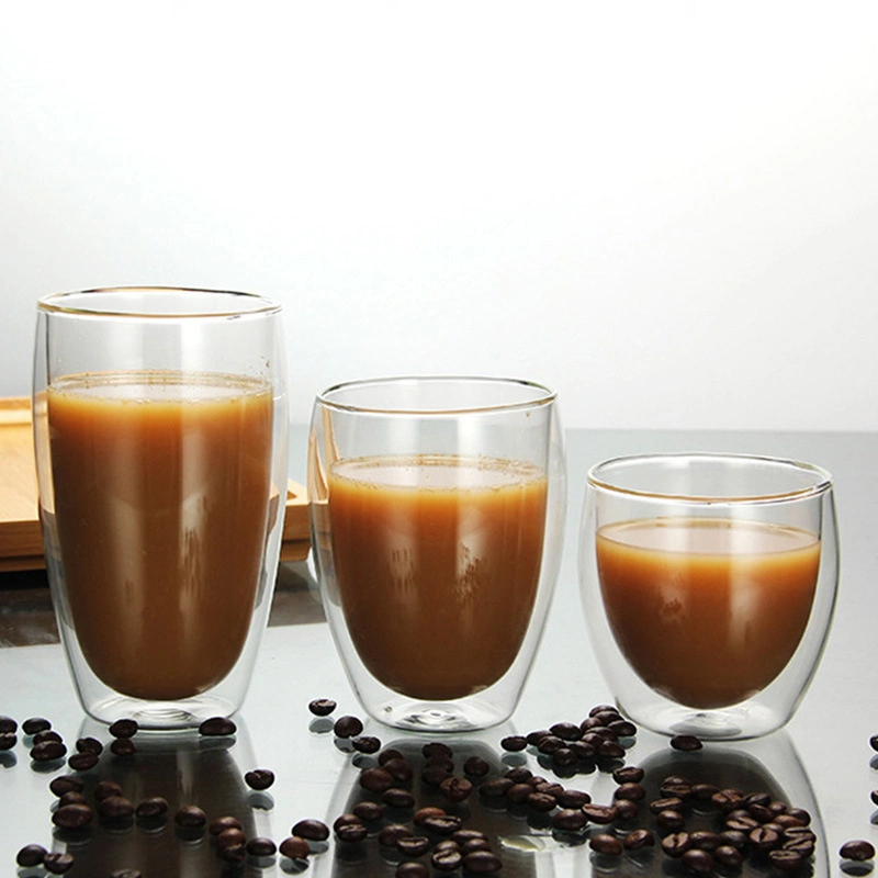 Custom 80ml 250ml 350ml 450ml Clear Drinking Milk Tea Juice Double Wall Borosilicate Glass Coffee Mug Cups