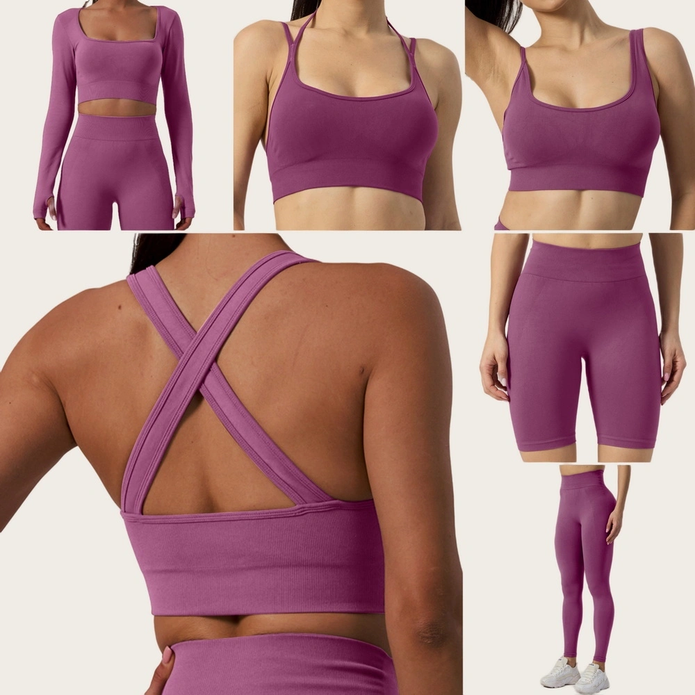 Novo Conjunto de Treino de 6 Peças de Roupas de Fitness de Ioga sem Costura para Mulheres, Top de Academia Sexy com Shorts de Bicicleta de Cintura Alta + Calças de Ioga Ropa De Activewear.