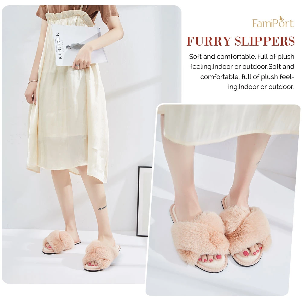 Women&prime; S Fuzzy Slippers Cross Band Memory Foam House Slippers Open Toe