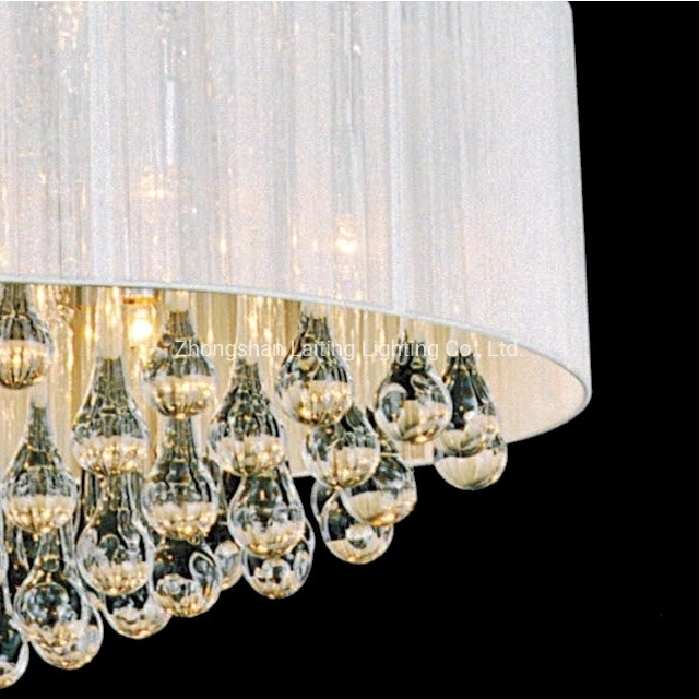 Plafon cromado estilo pastoral americano, de alta qualidade, com lâmpada de cristal Lustre Crystal Raindrop com abajur branco