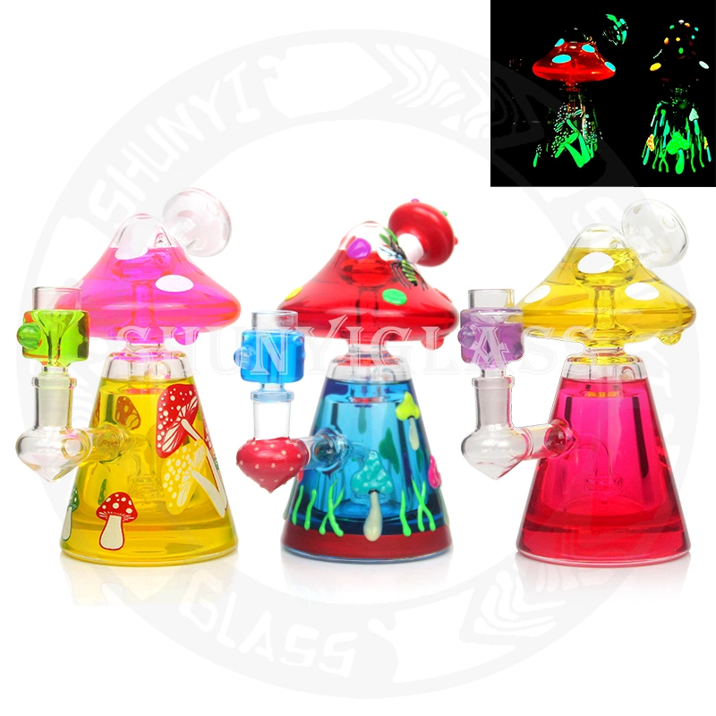 Mushroom Glass Water Pipe Freezable Glycerin Coils Smoking Pipes Glow in The Dark DAB Rig Recycler 14 mm Joint Size