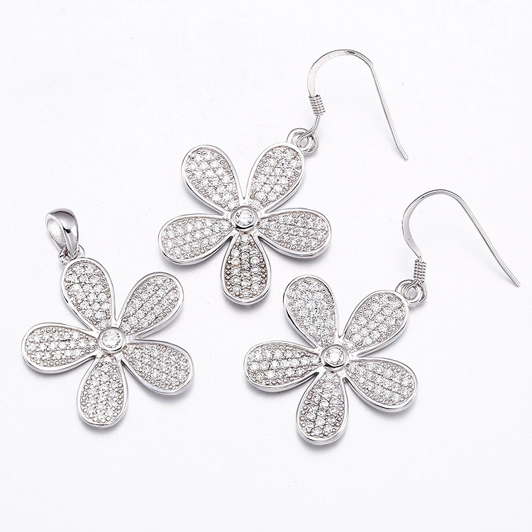 Wholesale/Supplier Jewelry Beautiful Flower Pendant and Earring Silver Jewelry Set for Women