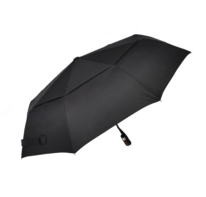 Fujian Factory Unique Handle 9 Ribs Double Cloth Wind Vent Gift Travel Rain Auto 3 Folding Umbrella