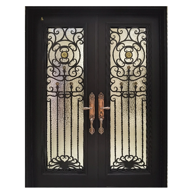 China Design Custom Residential Exterior Security Entry Double Swing Metal Wrought Iron Doors