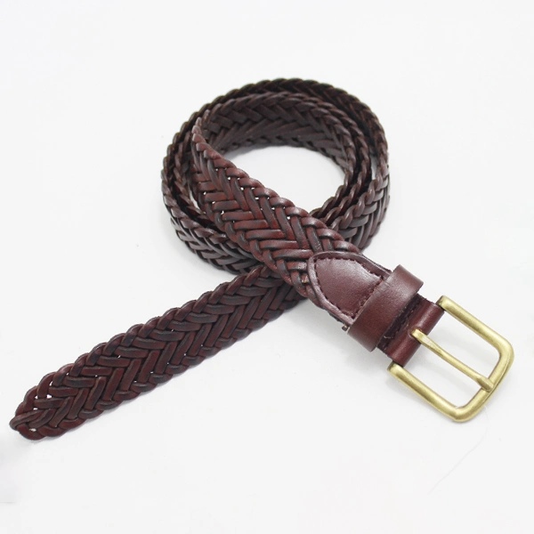 Pin Zinc Alloy Buckle Brown Brushed Leather Braided Belt