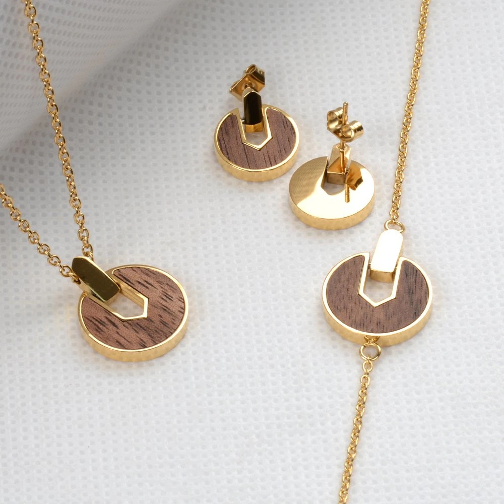 2023 Minimalist Stainless Steel Women Jewelry Wood Pendant Wholesale Price Fashion Earring Bracelet Women Necklaces Jewelry Sets Luxury