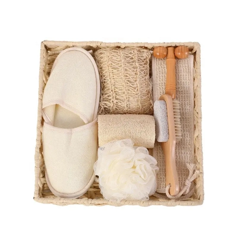 Natural Wood Bath Body Care Gift SPA Kit Facial Brush Konjac Sponge Foot Nail Sisal Bath Glove Belt Set Shower Scrubber Brush