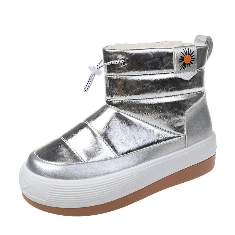 2022 Nuevo color de piel brillante suela gruesa felpa botas de nieve del invierno al aire libre High-Top caliente tendencia Casual mujeres Chunky Shoes