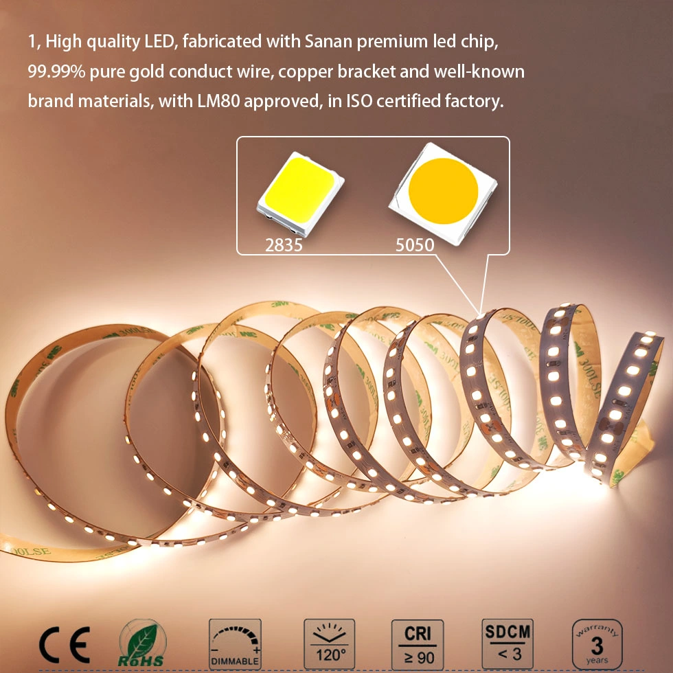 Fita de LED flexível e barata para casa, quarto, armário. Baixa voltagem DC 12V 24V SMD 2835 5050. Super brilhante, cor branca. À prova d'água.