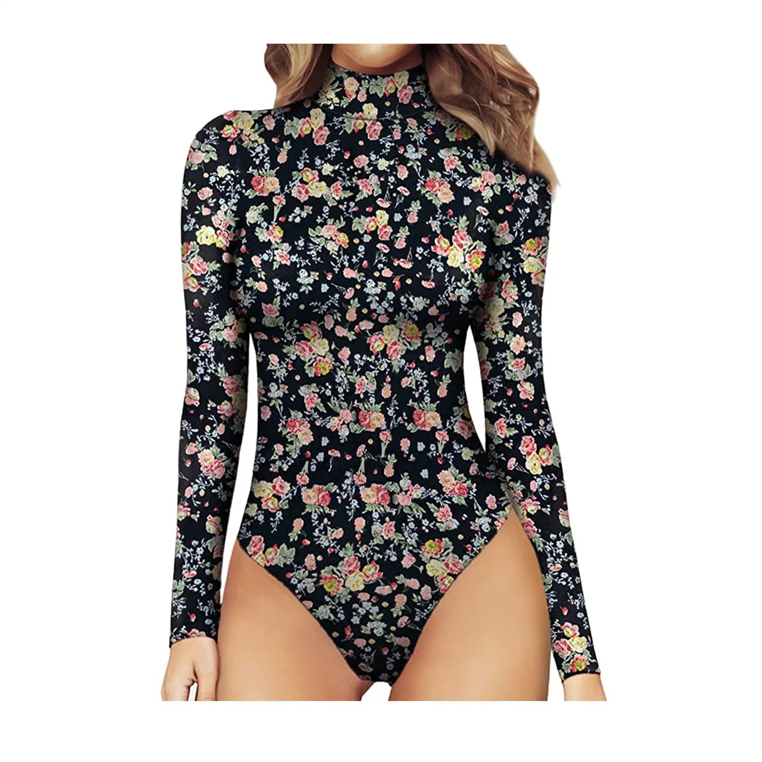 La mujer de manga larga cuello tortuga Mock Tops Bodysuit Jumpsuit ropa moda