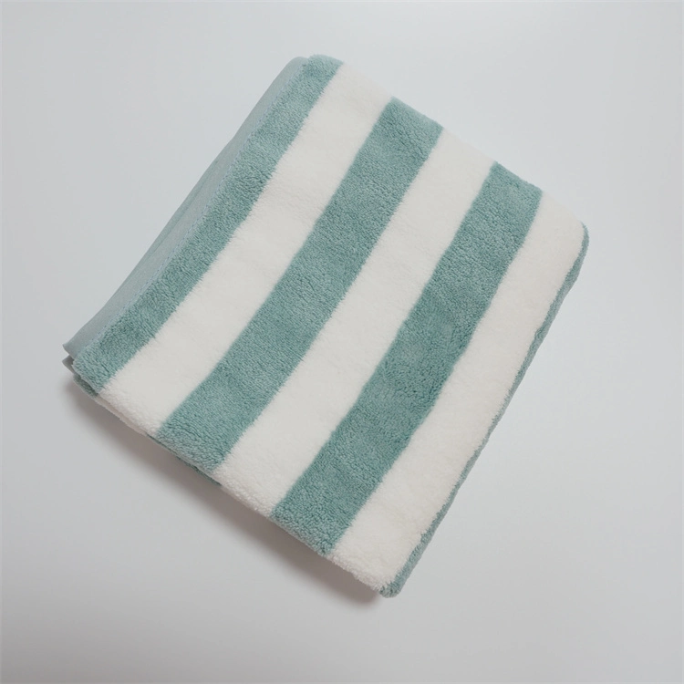 Good Quality Absorbent Microfiber Cationic Blue and White Strip Coral Fleece Towel