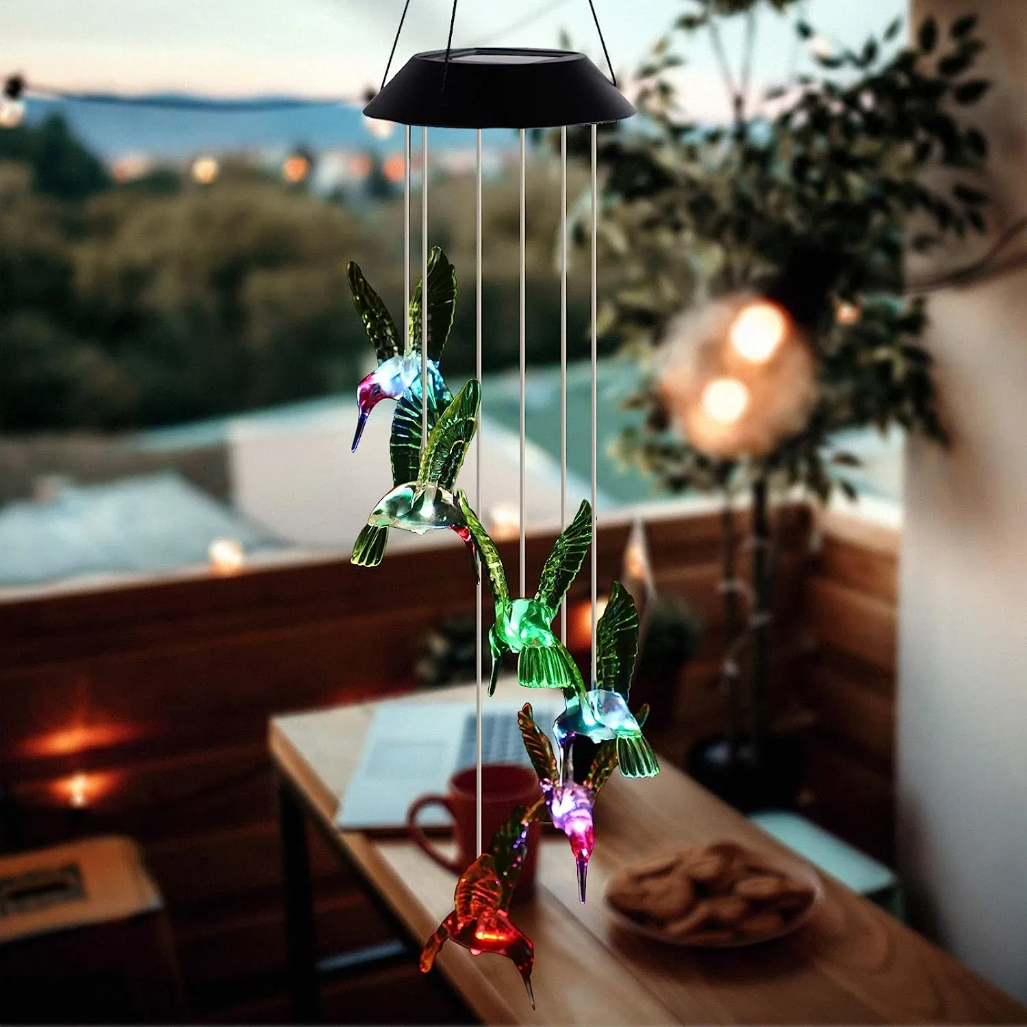Startseite Garden Deco LED Solar Kolibri Windspiel, 25" Mobile hängende Windspiel für Home Garden Dekoration, automatische Licht wechselnden Farbe (Gelb Kolibri)
