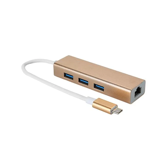 Gold Shell USB C 3 Ports Hub with Ethernet